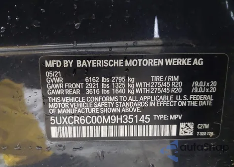 2021 BMW X5 xDrive40I из США, поврежденный, VIN 5UXCR6C00M9H35145